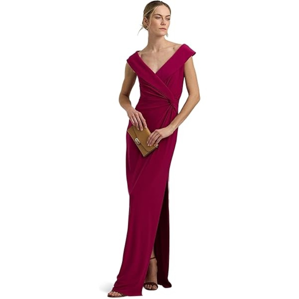 LAUREN Ralph Lauren Jersey Off-the-Shoulder Gown raspberry mother mob dress
